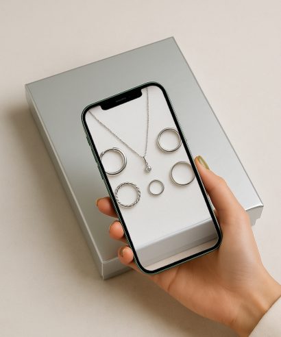 Χάρτινο κουτί μπιζού ασημί με gloss πλαστικοποίηση – Ιδανικό για κοσμήματα και πολυτελή δώρα