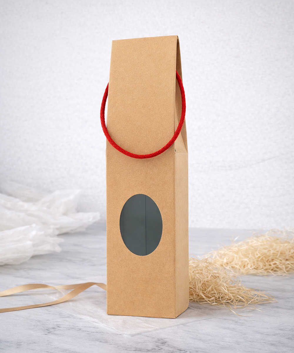 Κουτί Boxy Παράθυρο Κορδόνι Kraft Κουτί Boxy kraft με παράθυρο και κορδόνι από χαρτόνι 320gsm, κατάλληλο για λαμπάδες και μπουκάλια κρασιού